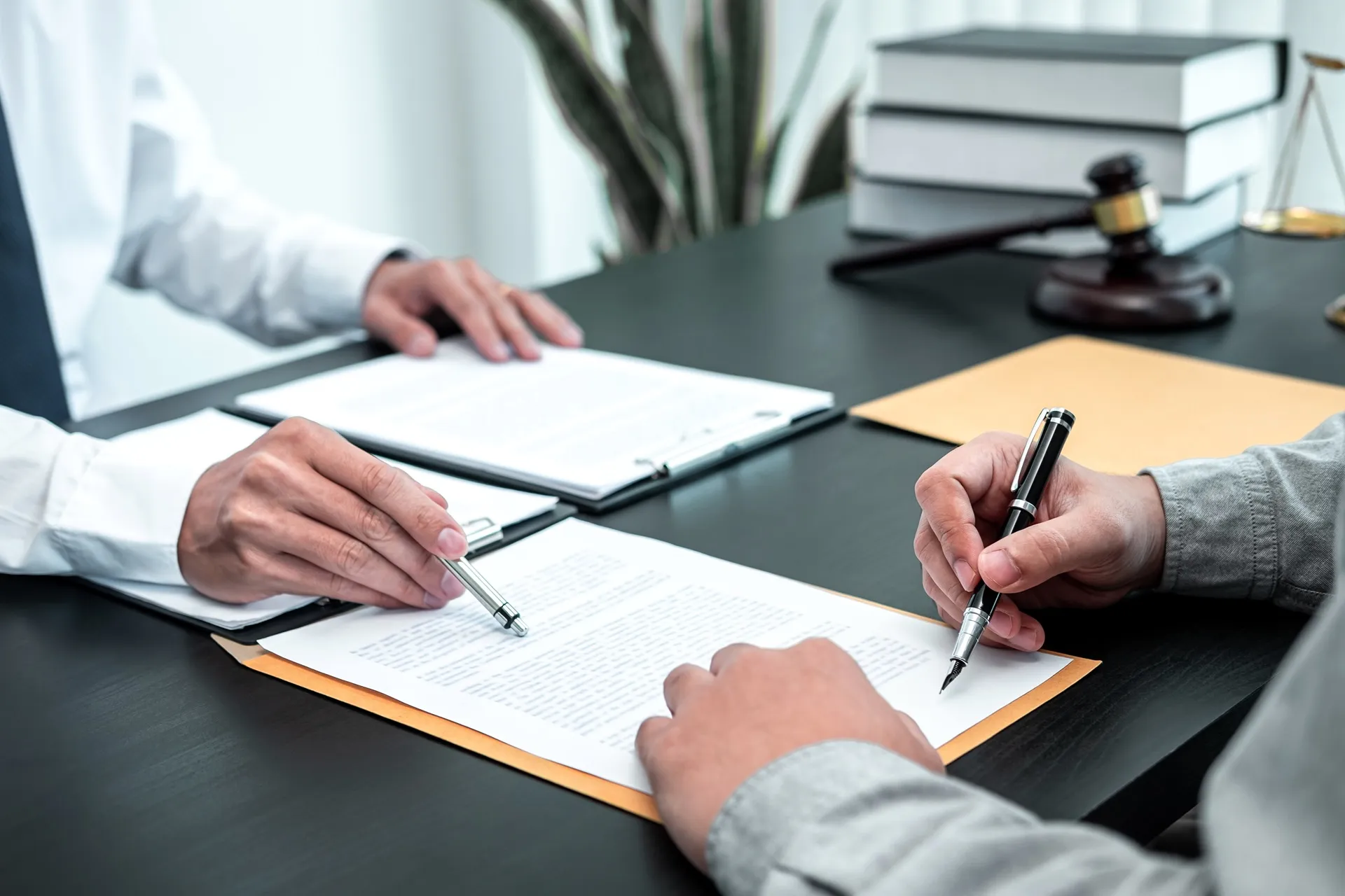 Two lawyers discussing documents across a desk in a New Zealand law office