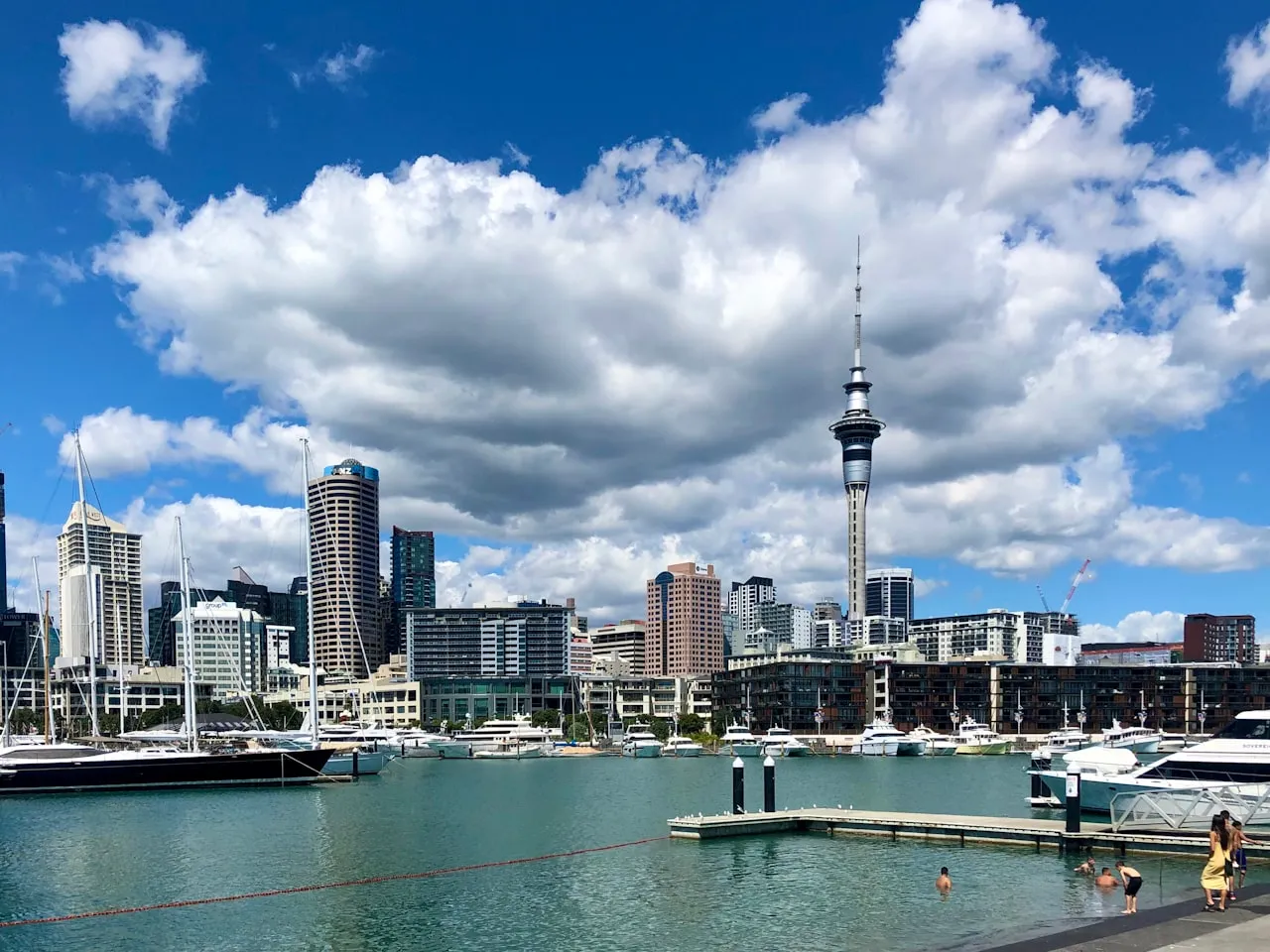 Auckland CBD skyline and harbour with Sky Tower, viewed from the Viaduct