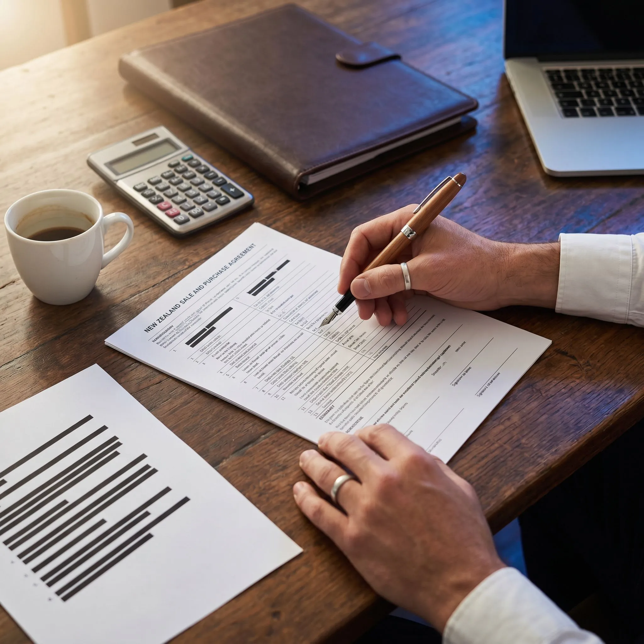 A signed ADLS/REINZ Agreement for Sale and Purchase on a desk with a pen