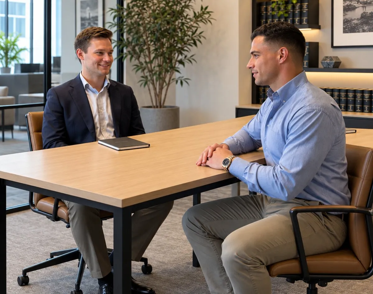 Two people in conversation across a meeting table in a modern office