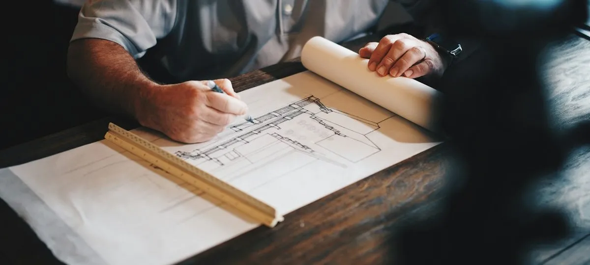 A person drawing up architectural plans on a desk with a ruler and rolled drawings