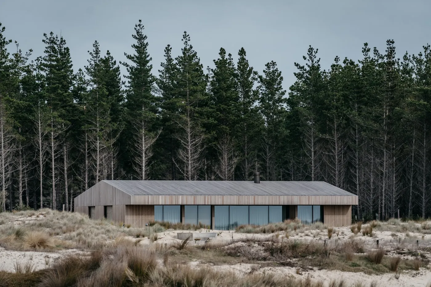 Cedar-clad house in the sand dunes with a pine forest behind it